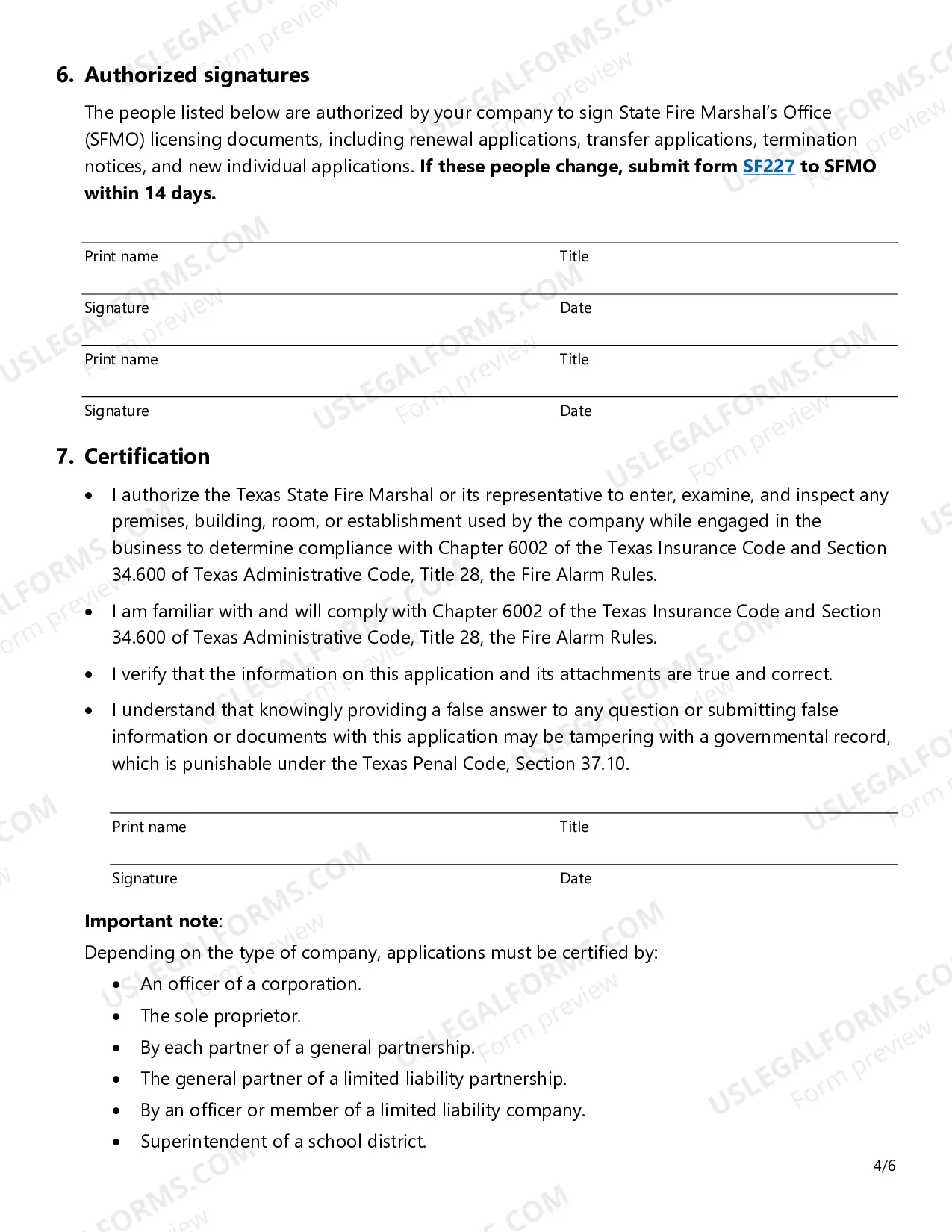 Preview Fire Alarm Certificate of Registration Application