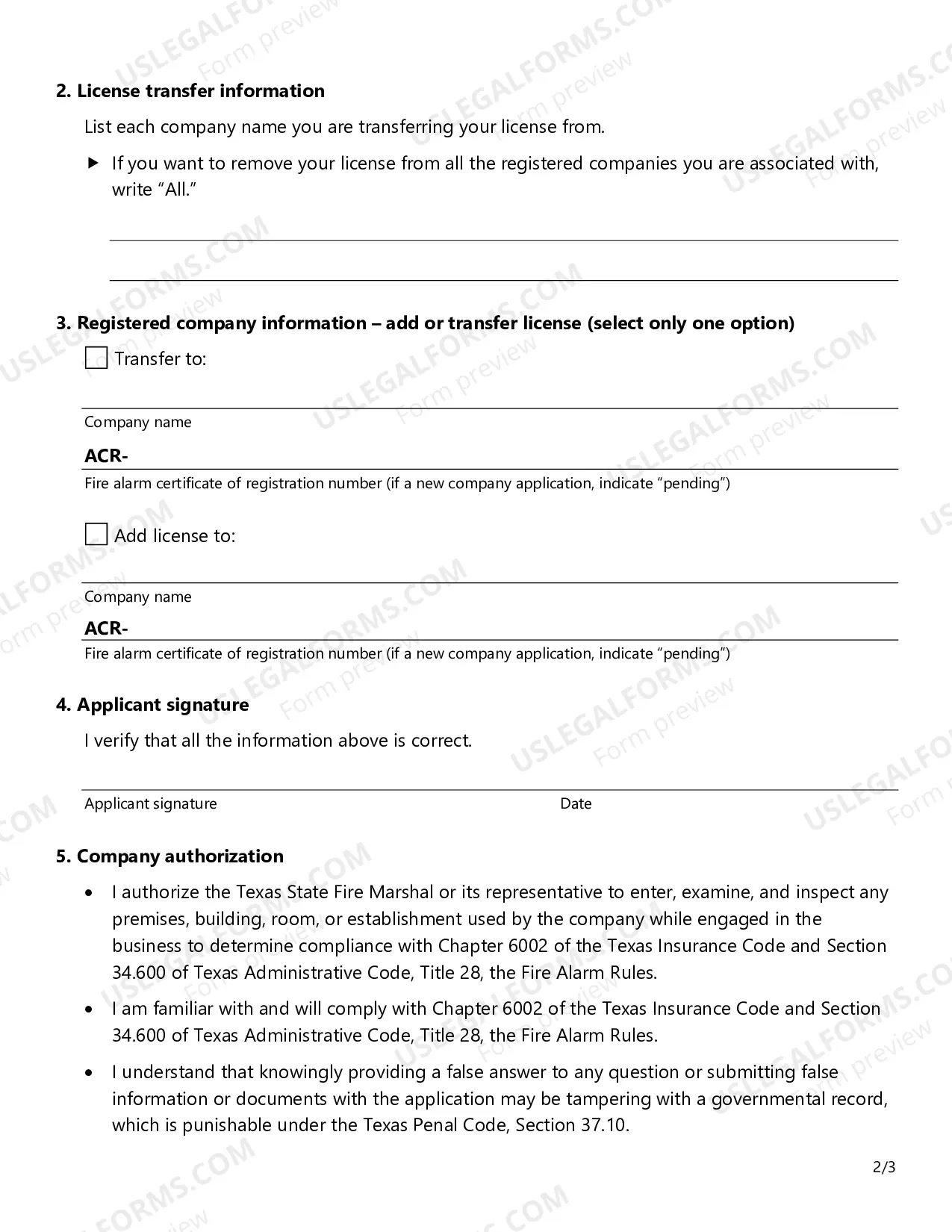Preview Revision/Transfer Application For All Types of Fire Alarm Licenses