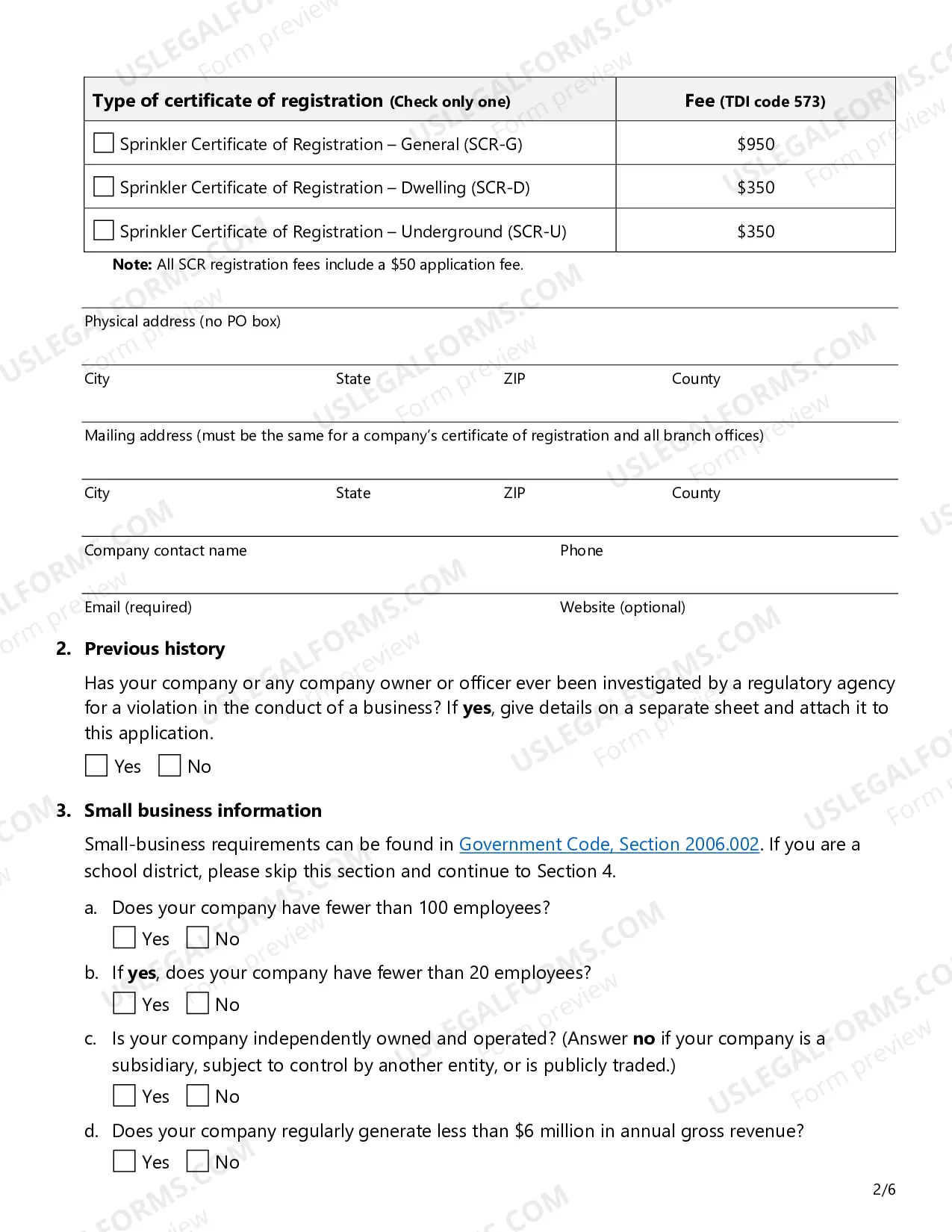 Preview Fire Sprinkler Certificate of Registration Application