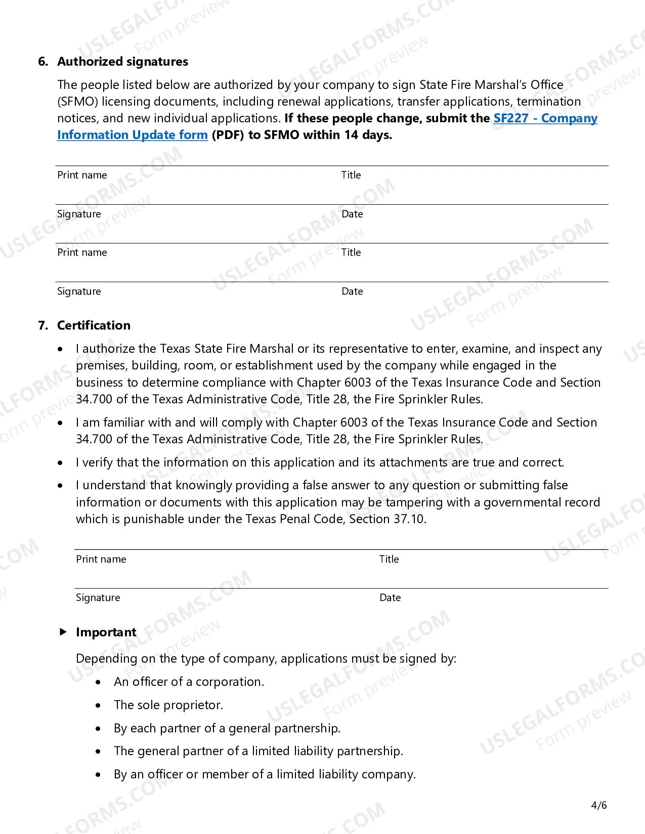 Preview Fire Sprinkler Certificate of Registration Application