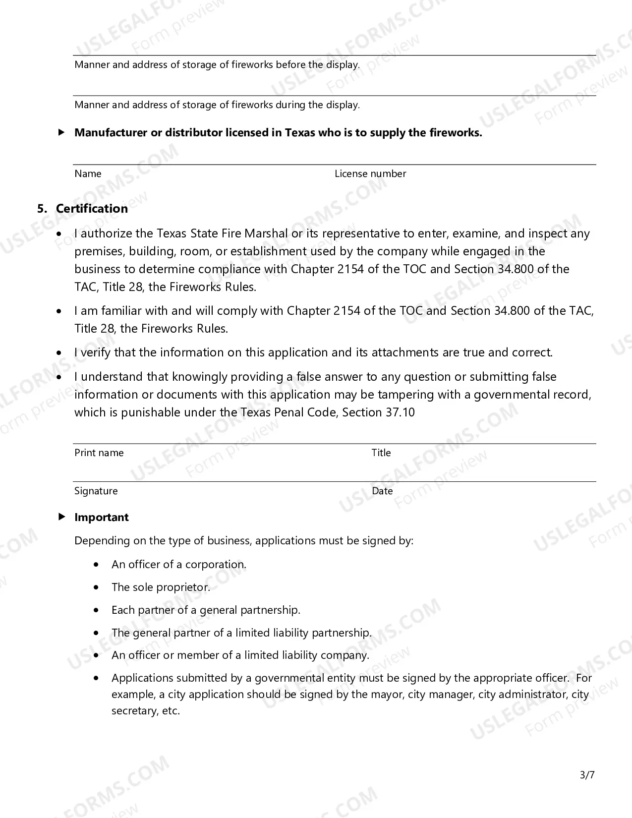 Preview Application for Class B Fireworks Singular or Multiple Display Permit