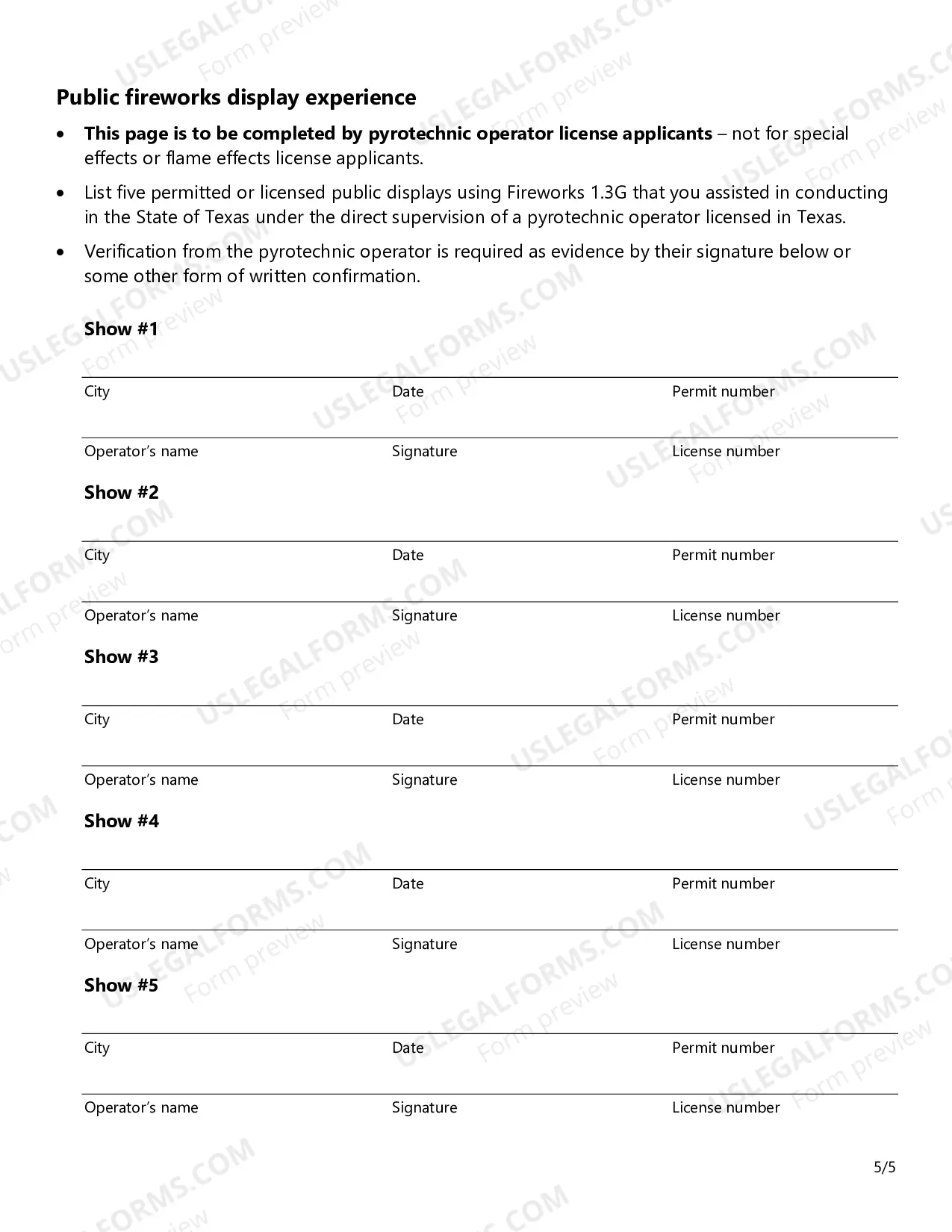 Preview Pyrotechnic, Special Effects and Flame Effects Operator's License Application