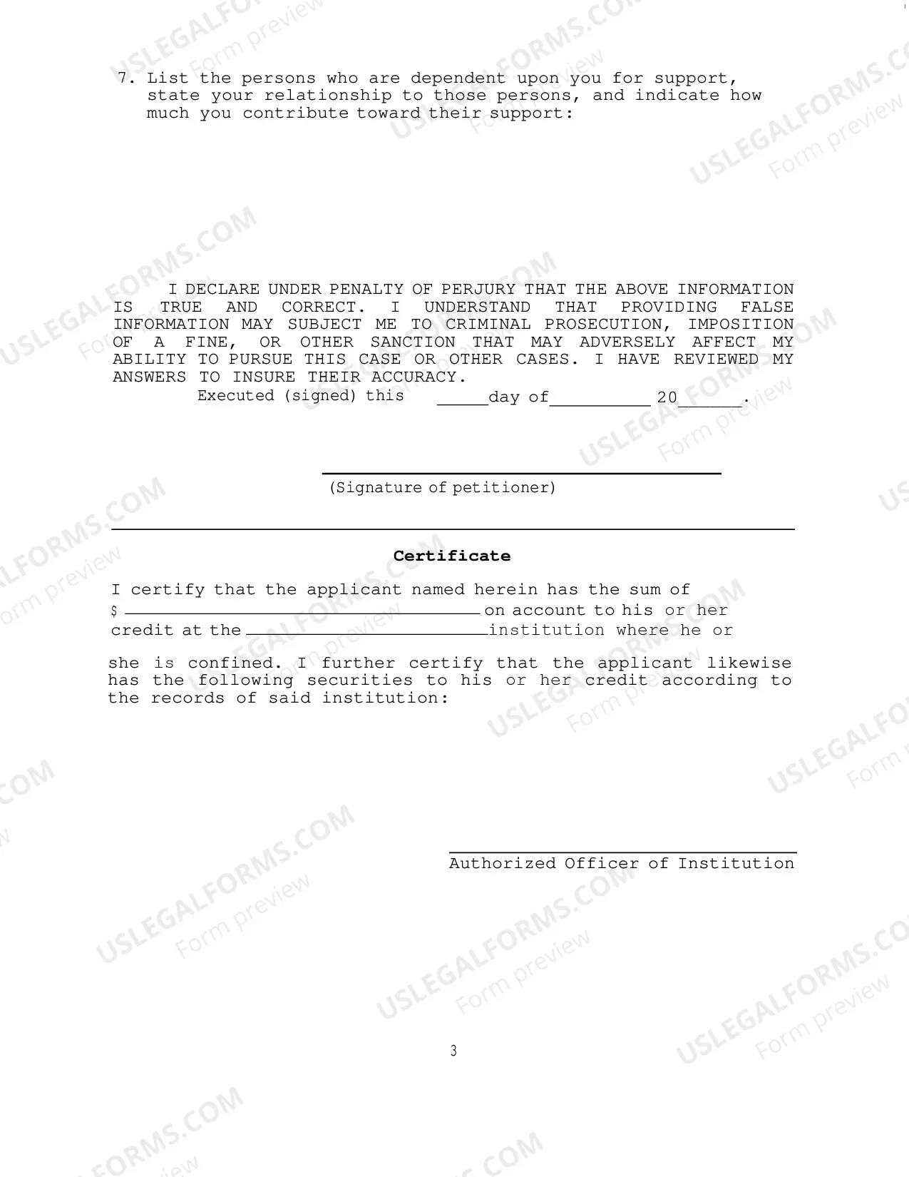 Preview Motion To Proceed In Forma Pauperis and Financial Affidavit (Non Prisoner Cases)