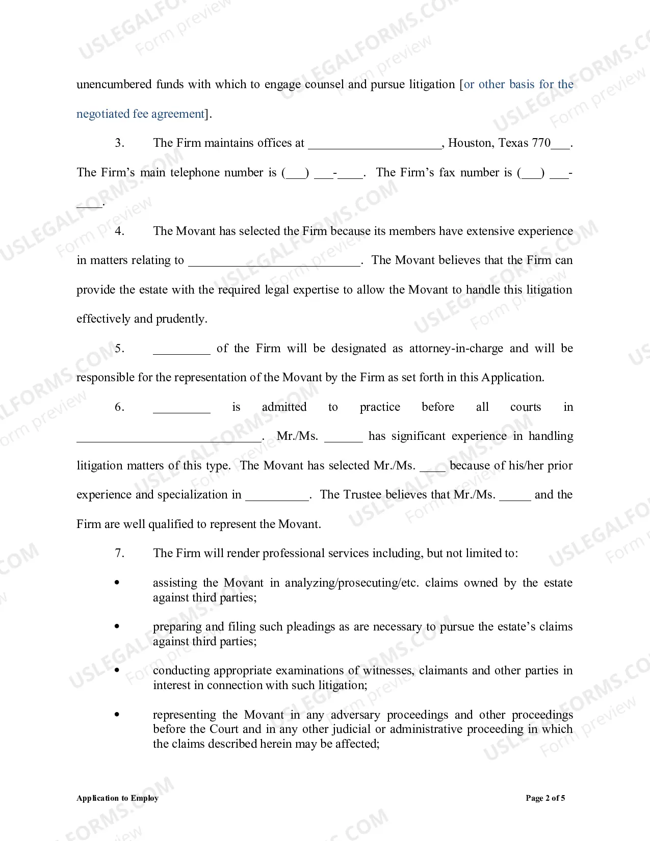 Preview Application To Employ As Special Litigation Counsel