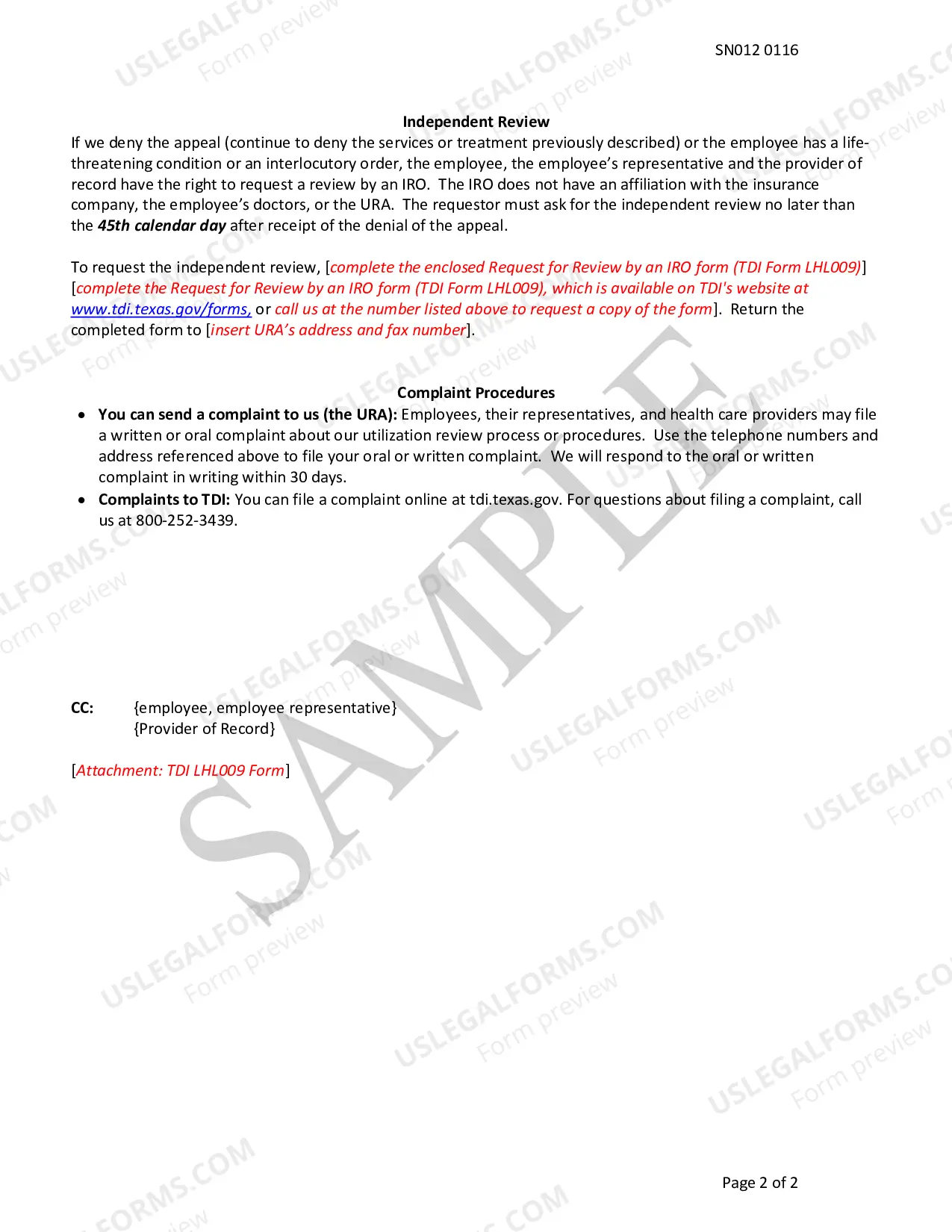 Preview Sample URA Adverse Determination Notice, Workers Comp Non-Network