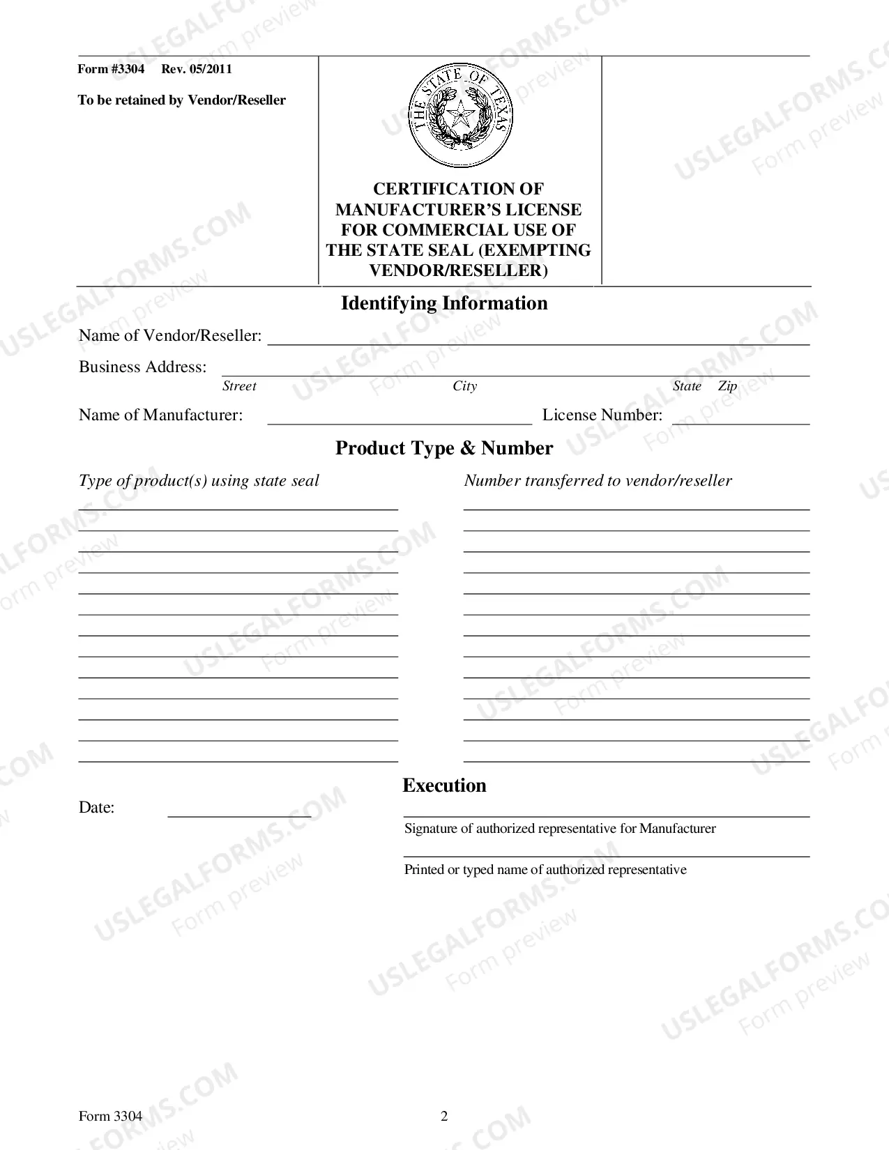 Preview Certification of Manufacturers License For Commercial Use Of State Seal