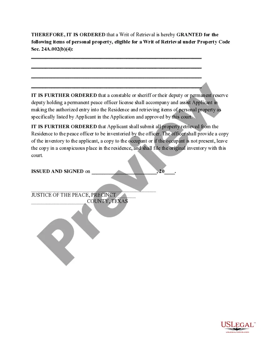 Preview Writ of Retrieval