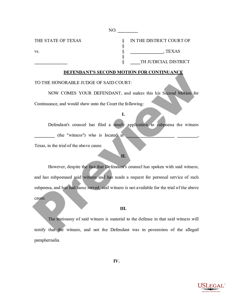 Texas Defendants Second Motion For Continuance Us Legal Forms 5879