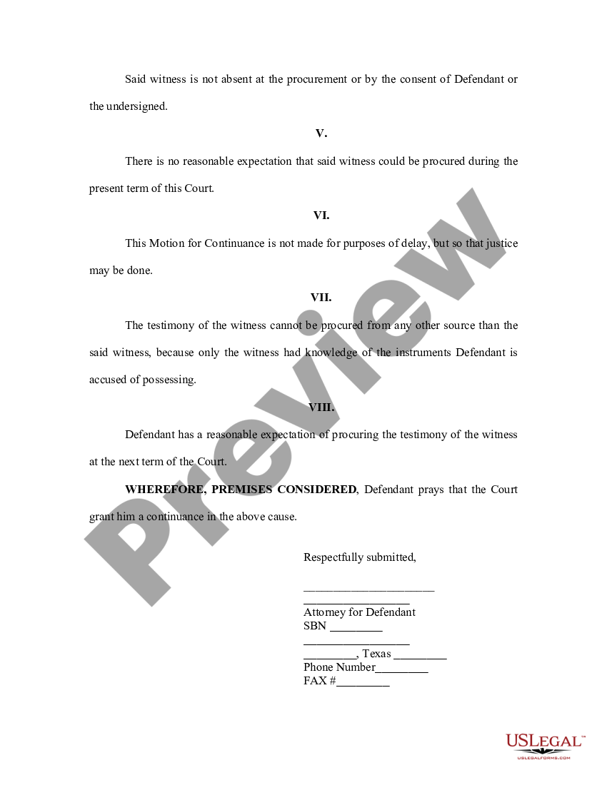 Texas Defendant's Second Motion for Continuance US Legal Forms