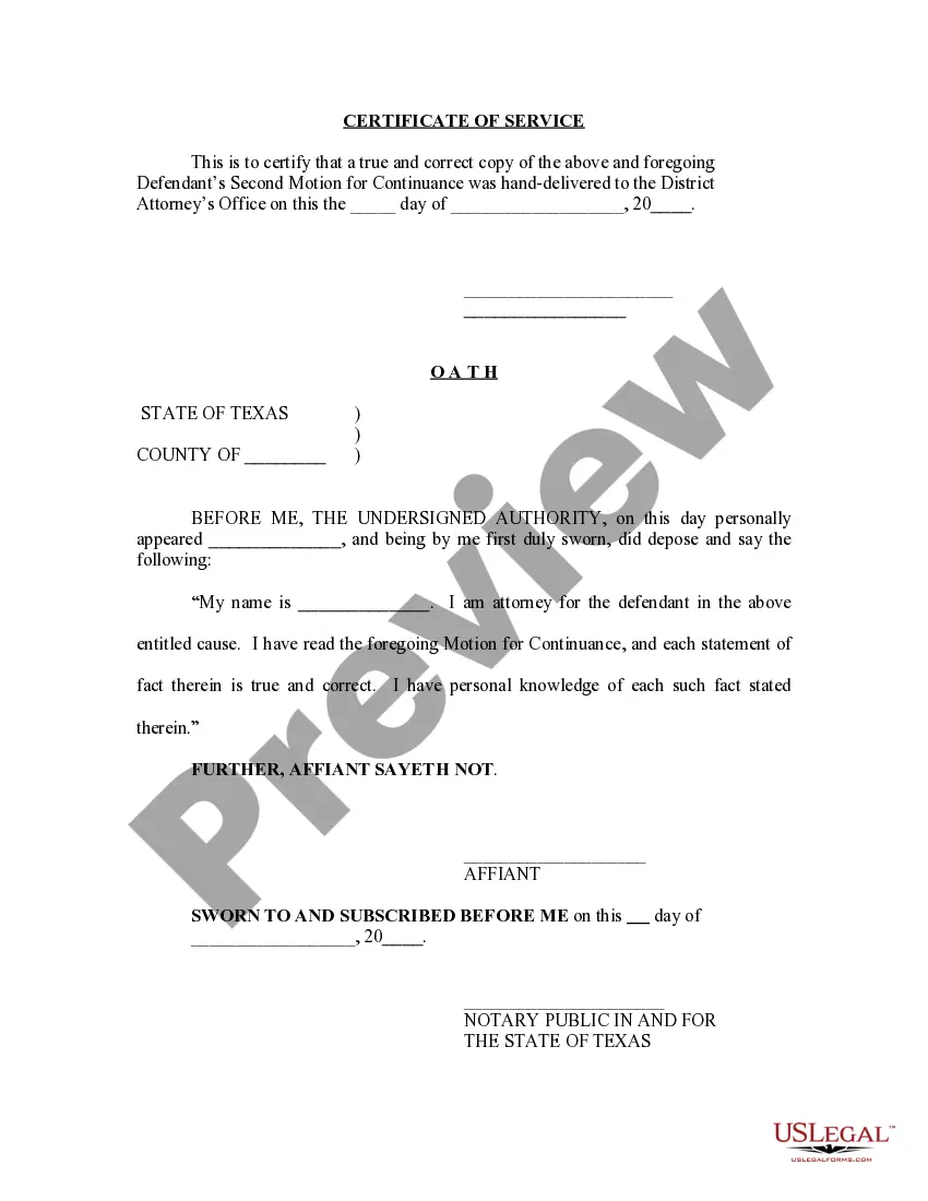 Preview Defendant's Second Motion for Continuance