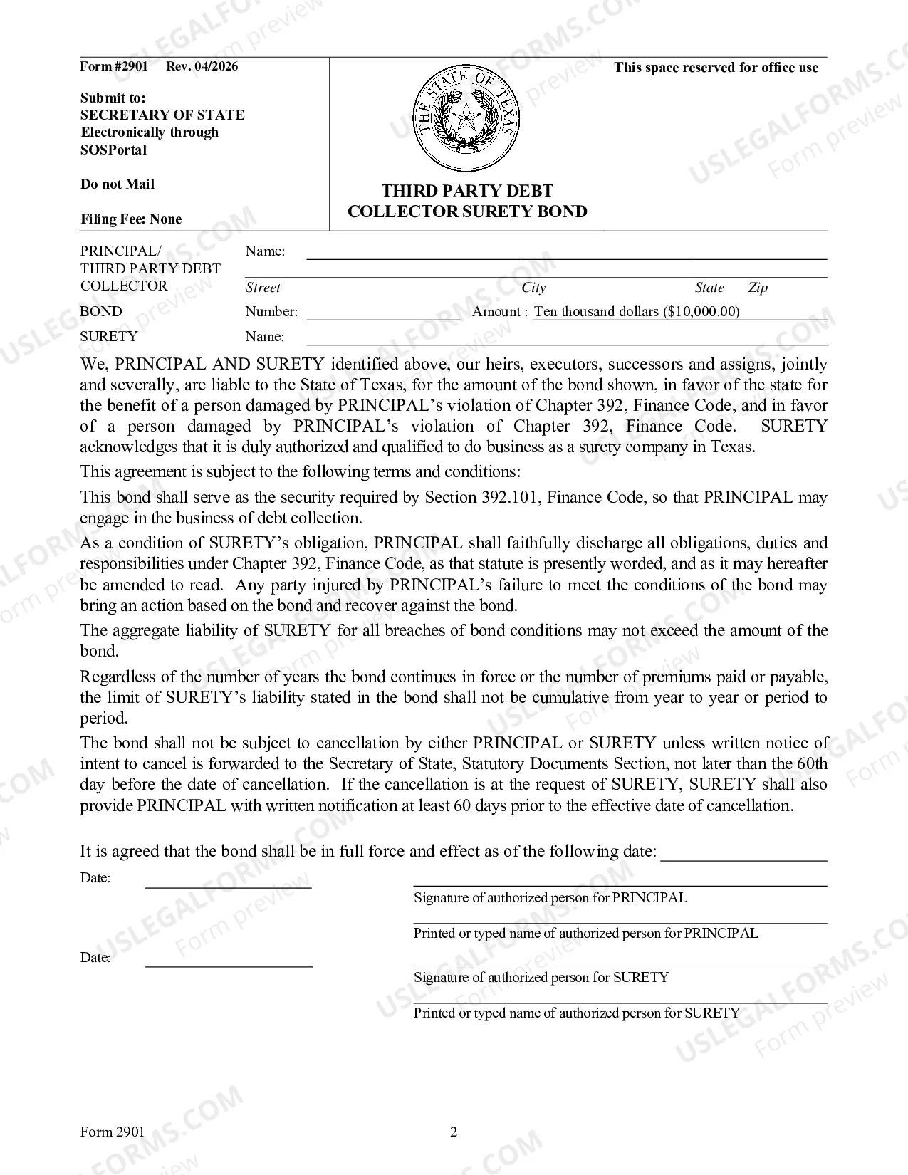 Preview Third Party Debt Collector Surety Bond