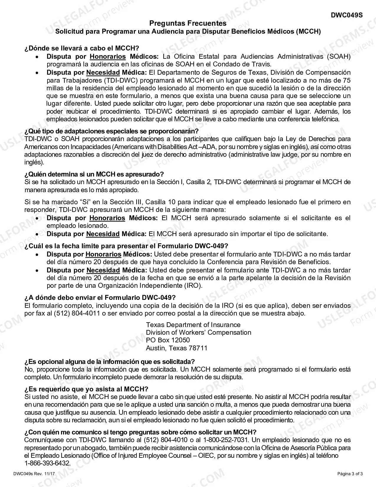 Preview Solicitud para Programar una Audiencia para Disputar Beneficios Medicos (Medical Contested Case Hearing -MCCH, por su nombre y siglas en ingles)