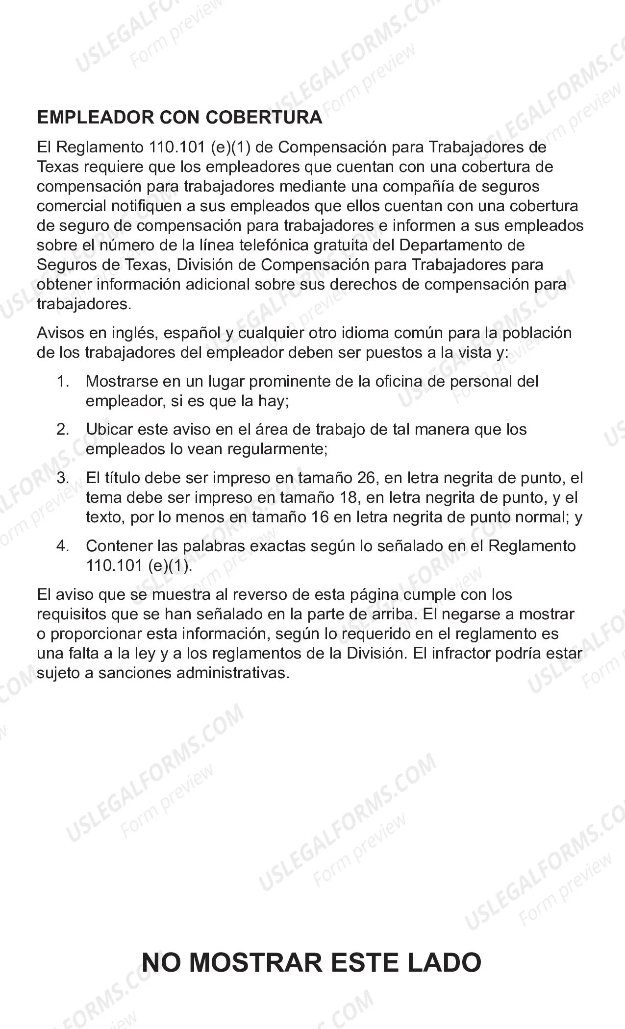 Preview Notice To Employees Concerning Workers Compensation In Texas (Spanish) (Notice 6)