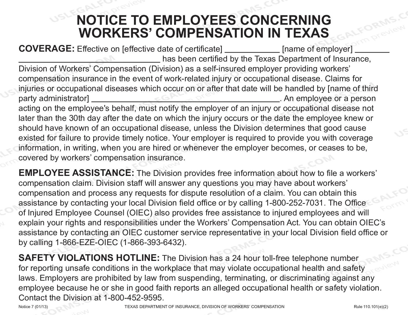 Preview Notice to Employees Concerning Workers' Compensation in Texas