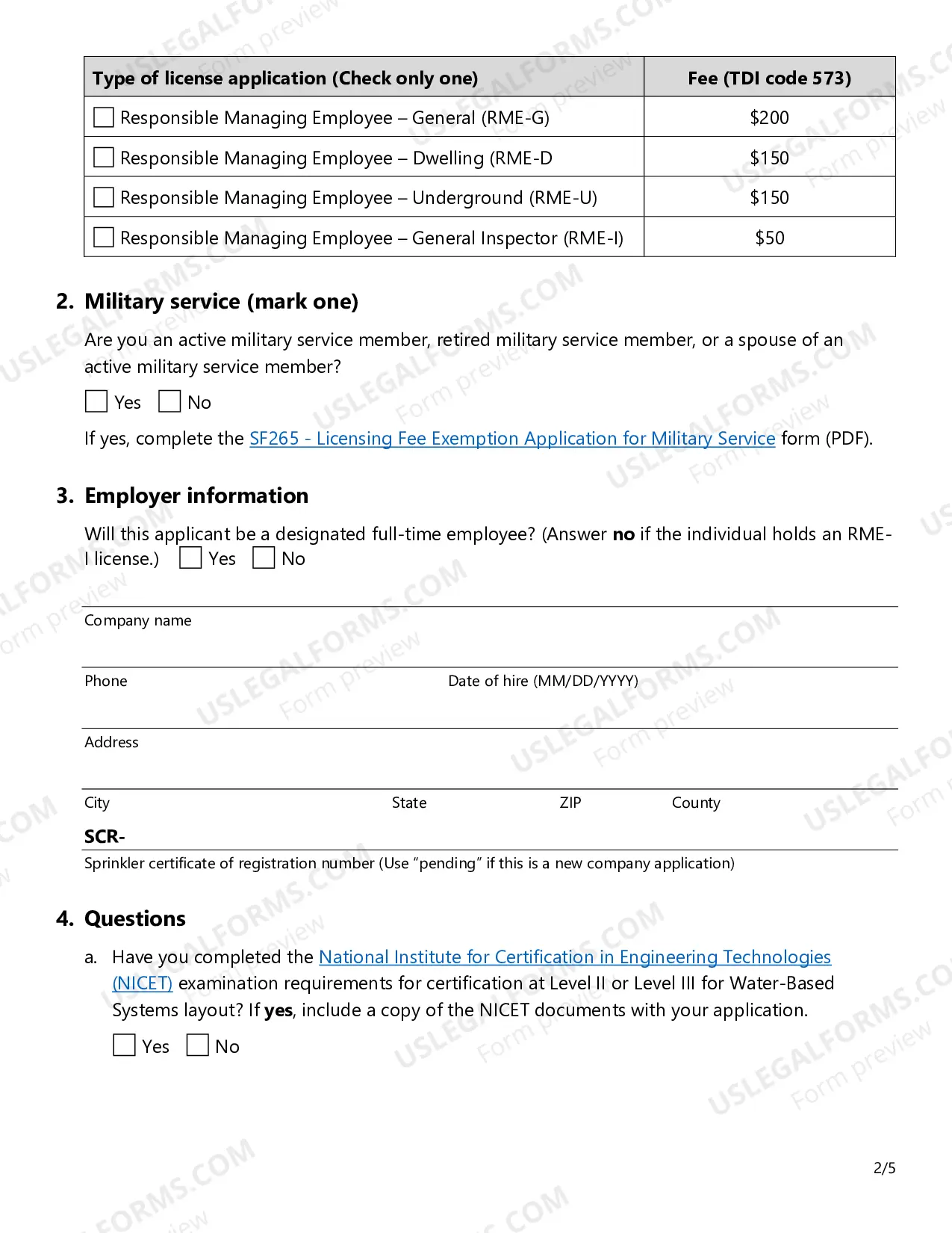 Preview Fire Sprinkler Responsible Managing Employee (RME) License Application