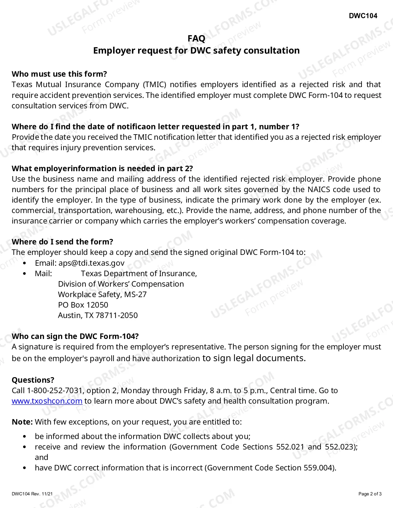 Preview Employer Request for DWC Safety Consultation