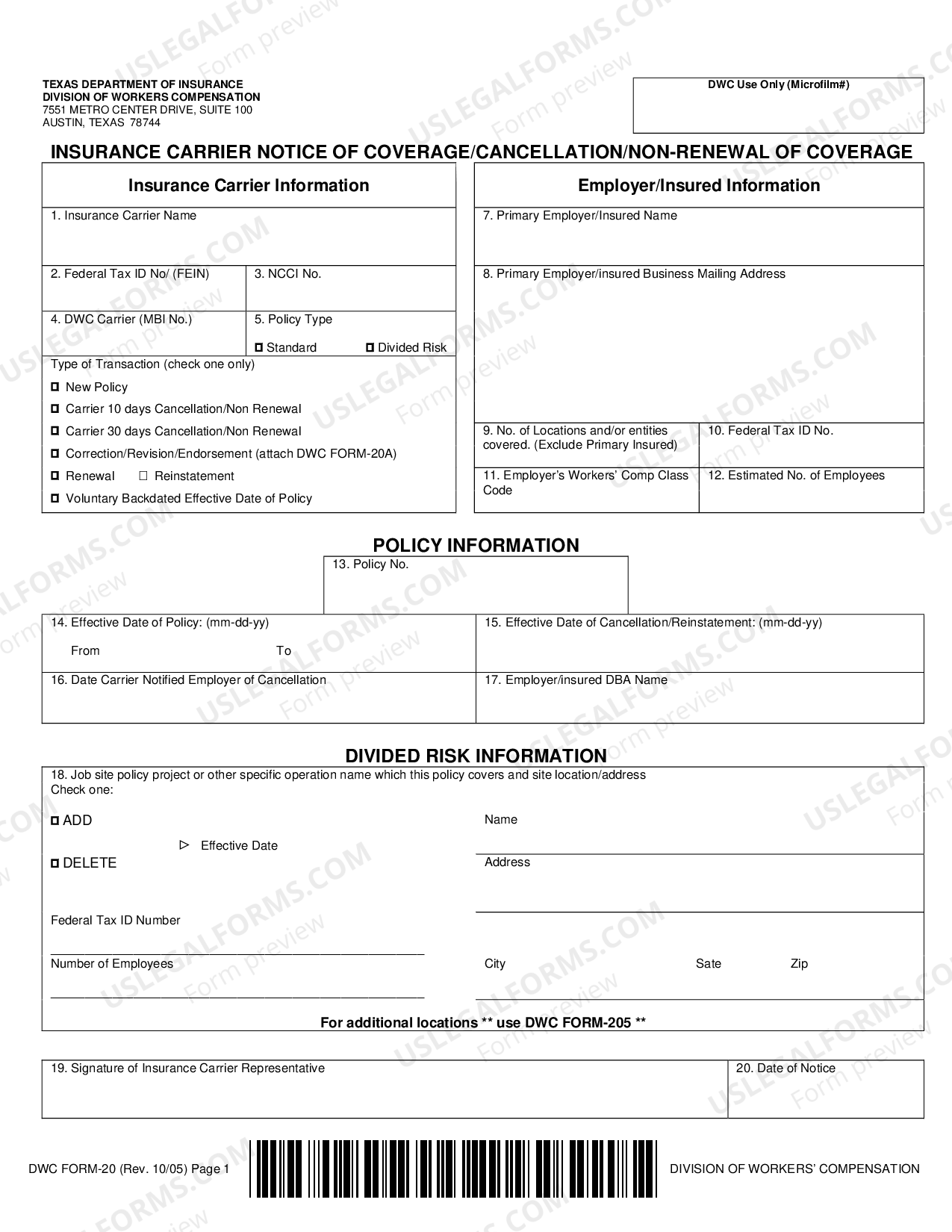 Texas Notice Of Coverage Cancellation for Workers' Compensation US