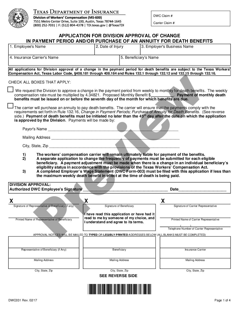 form Application For Commission for change in payment periods for Workers' Compensation preview