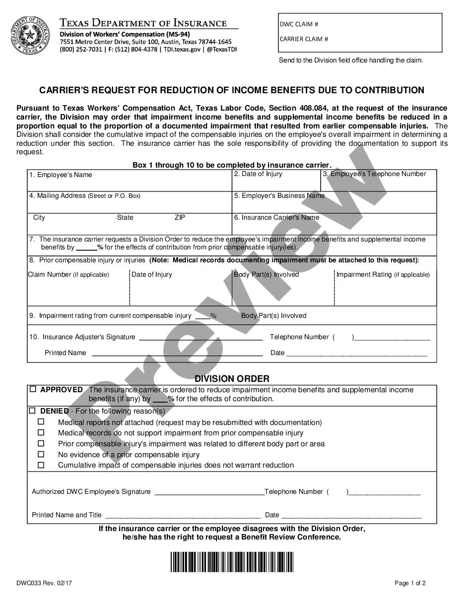 form Carrier's Request For Reduction for Workers' Compensation preview