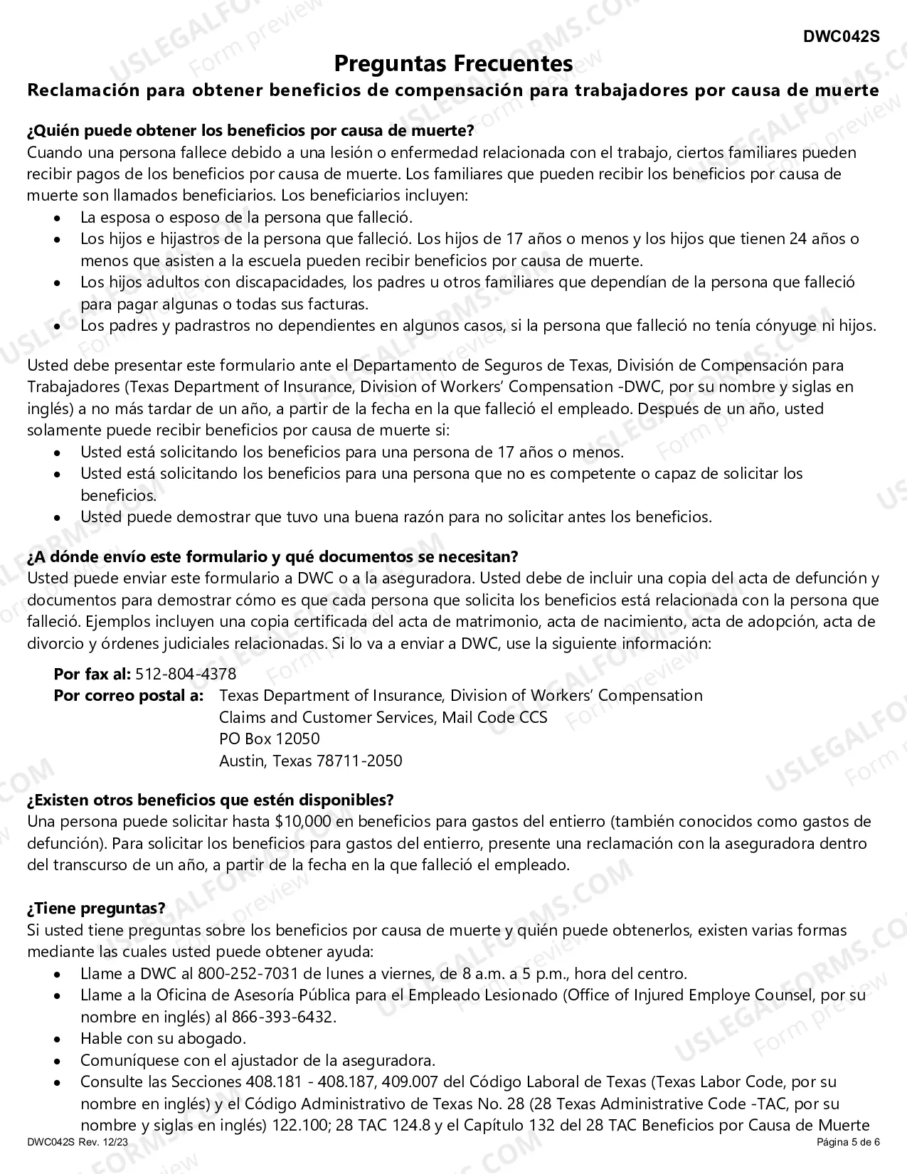 Preview Reclamacion para Obtener Beneficios de Compensacion para Trabajadores por Causa de Muerte