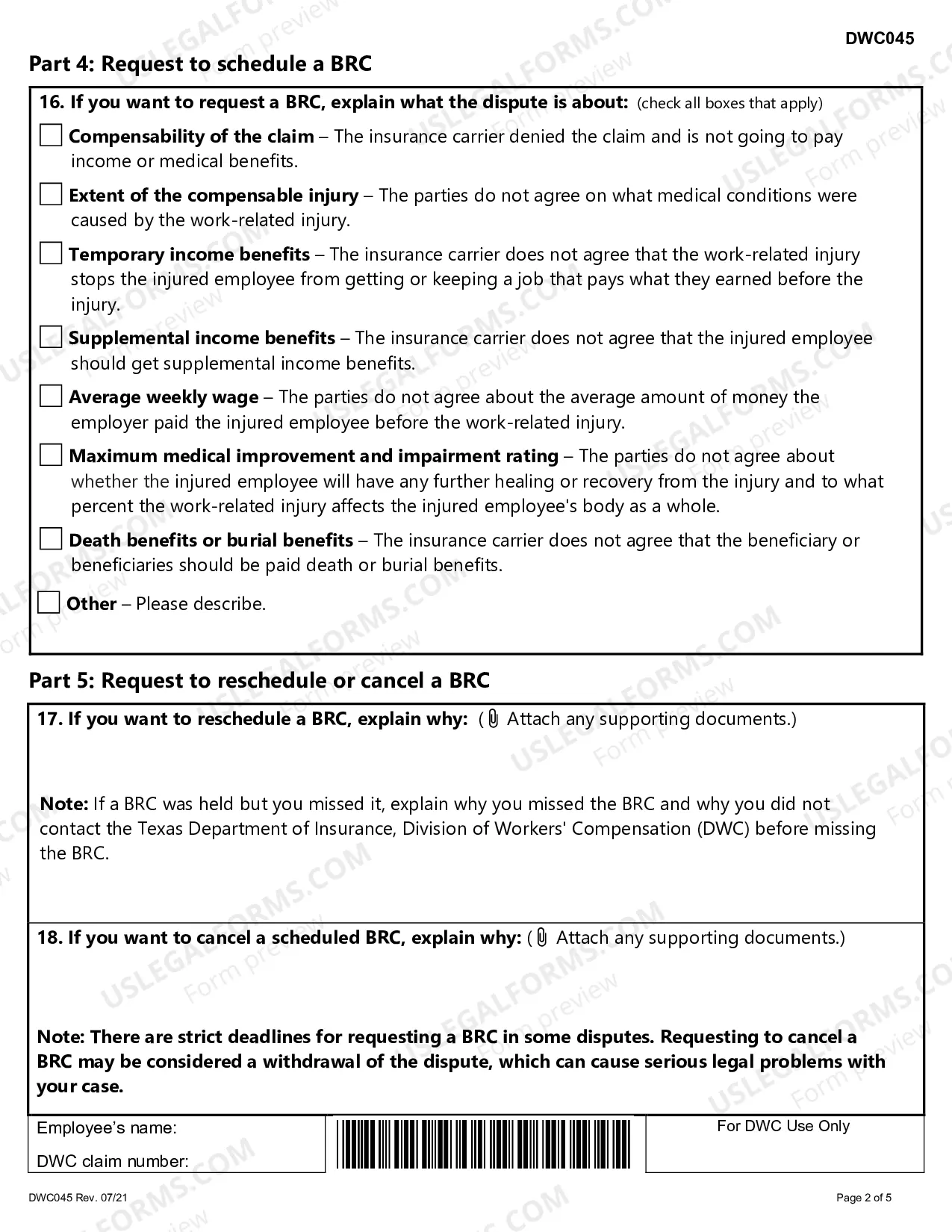 Preview Request to Schedule, Reschedule, or Cancel a Benefit Review Conference (BRC), or to Proceed Directly to Contested Case Hearing (CCH)