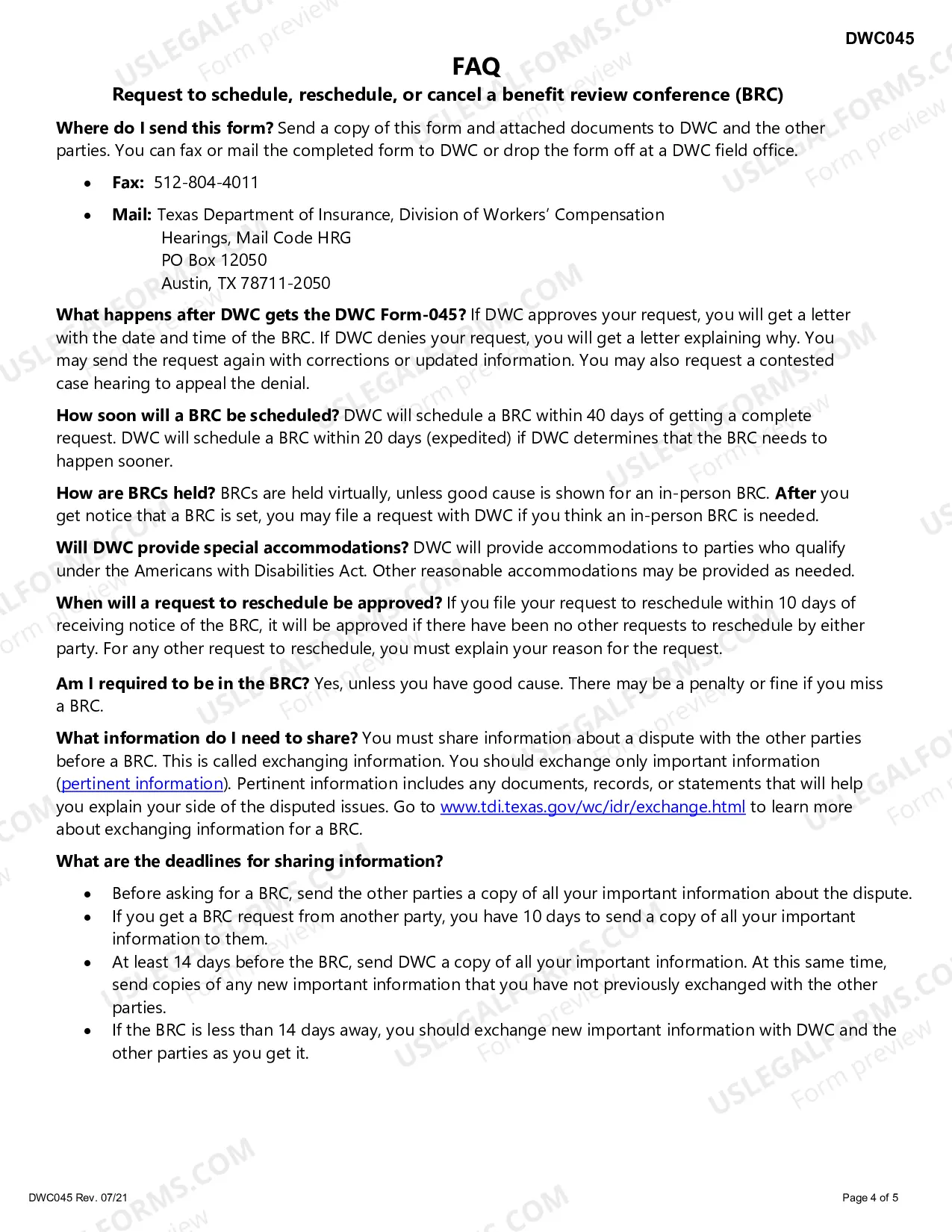 Preview Request to Schedule, Reschedule, or Cancel a Benefit Review Conference (BRC), or to Proceed Directly to Contested Case Hearing (CCH)