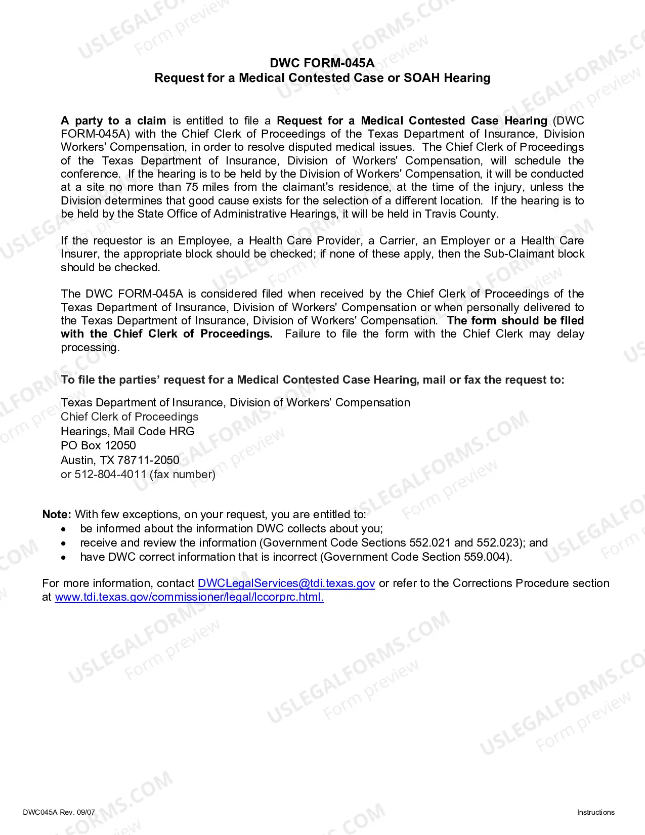 Preview Request For A Medical Contested Case Or SOAH Hearing
