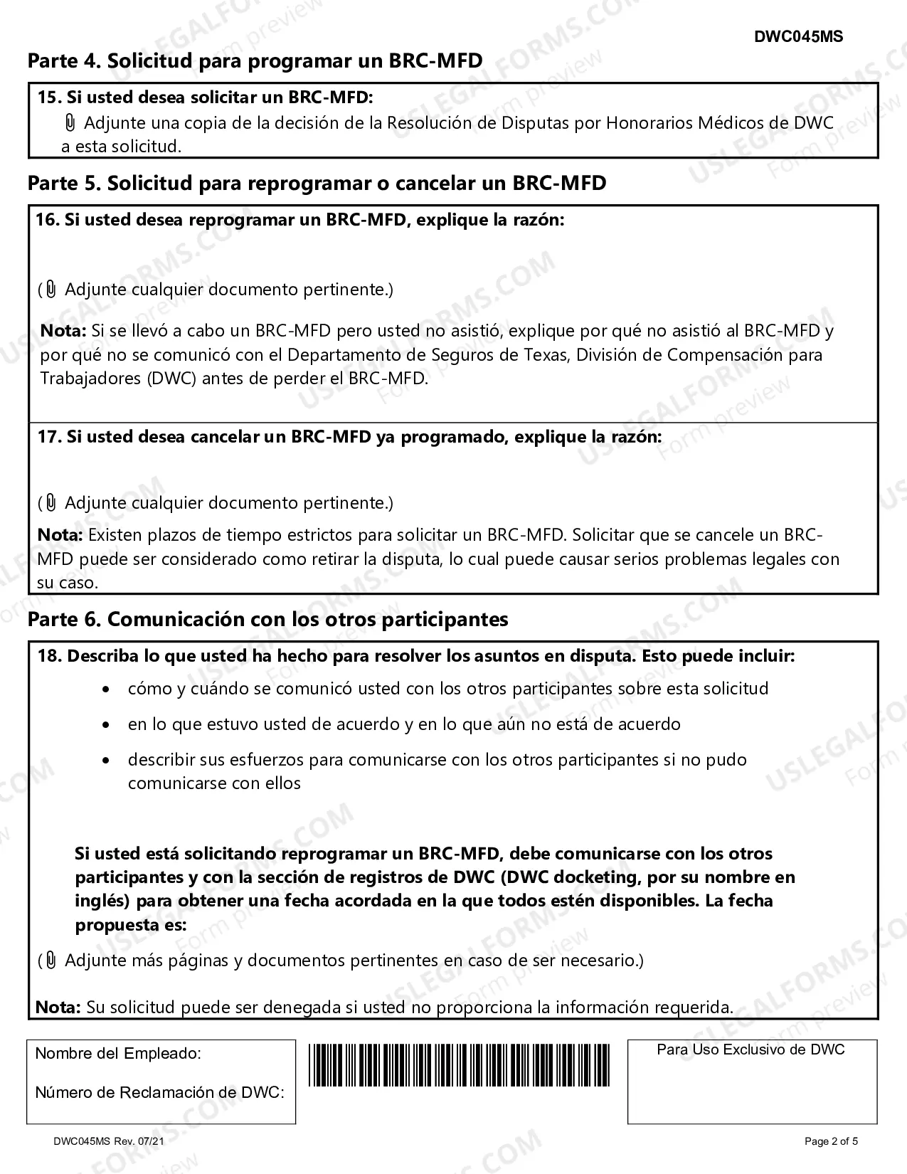 Preview Request To Schedule, Reschedule, Or Cancel A Benefit Review Conference To Appeal A Medical Fee Dispute Decision