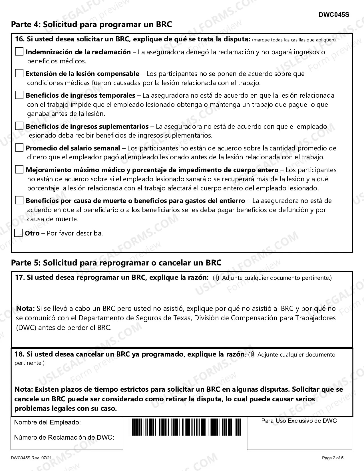 Preview Solicitud para Programar, Reprogramar, o Cancelar una Conferencia para Revision de Beneficios (Benefit Review Conference-BRC), o para Proceder Directamente a una Audiencia para Disputar Beneficios (Contested Case Hearing-CCH)