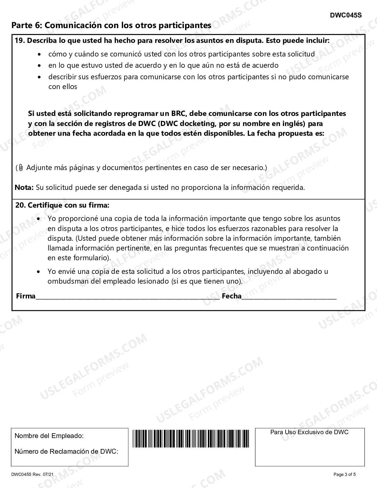 Preview Solicitud para Programar, Reprogramar, o Cancelar una Conferencia para Revision de Beneficios (Benefit Review Conference-BRC), o para Proceder Directamente a una Audiencia para Disputar Beneficios (Contested Case Hearing-CCH)