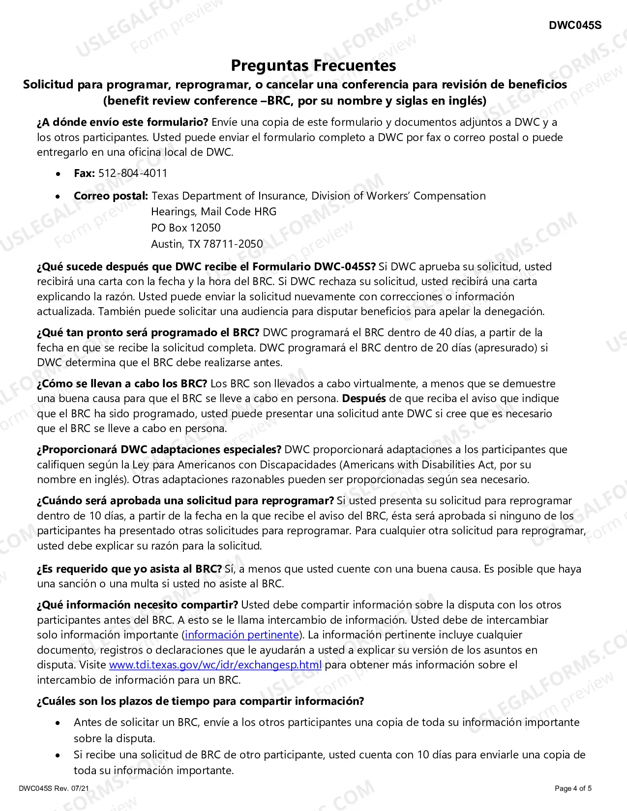 Preview Solicitud para Programar, Reprogramar, o Cancelar una Conferencia para Revision de Beneficios (Benefit Review Conference-BRC), o para Proceder Directamente a una Audiencia para Disputar Beneficios (Contested Case Hearing-CCH)