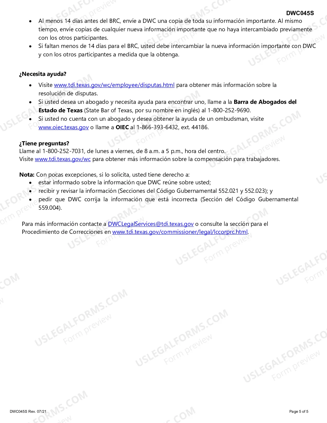 Preview Solicitud para Programar, Reprogramar, o Cancelar una Conferencia para Revision de Beneficios (Benefit Review Conference-BRC), o para Proceder Directamente a una Audiencia para Disputar Beneficios (Contested Case Hearing-CCH)