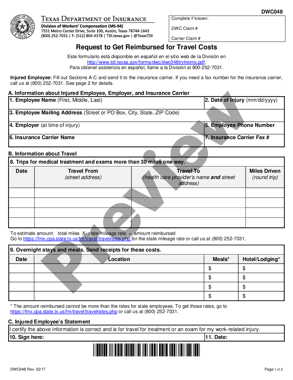page 0 Request For Travel Reimbursement for Workers' Compensation preview