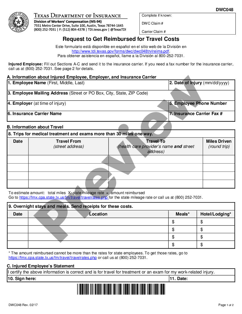 Waco Texas Request For Travel Reimbursement for Workers' Compensation