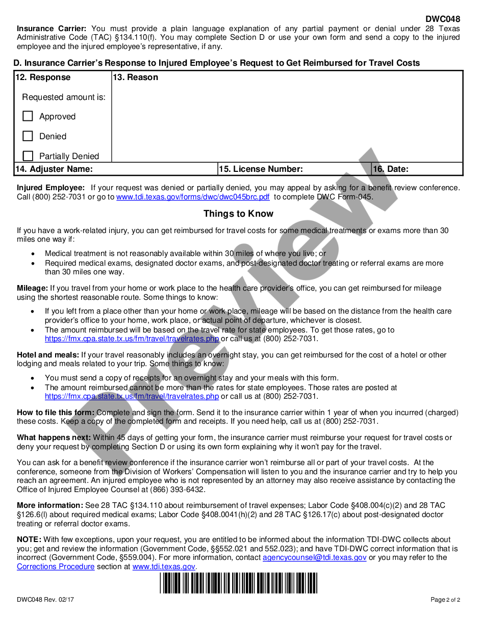 page 1 Request For Travel Reimbursement for Workers' Compensation preview
