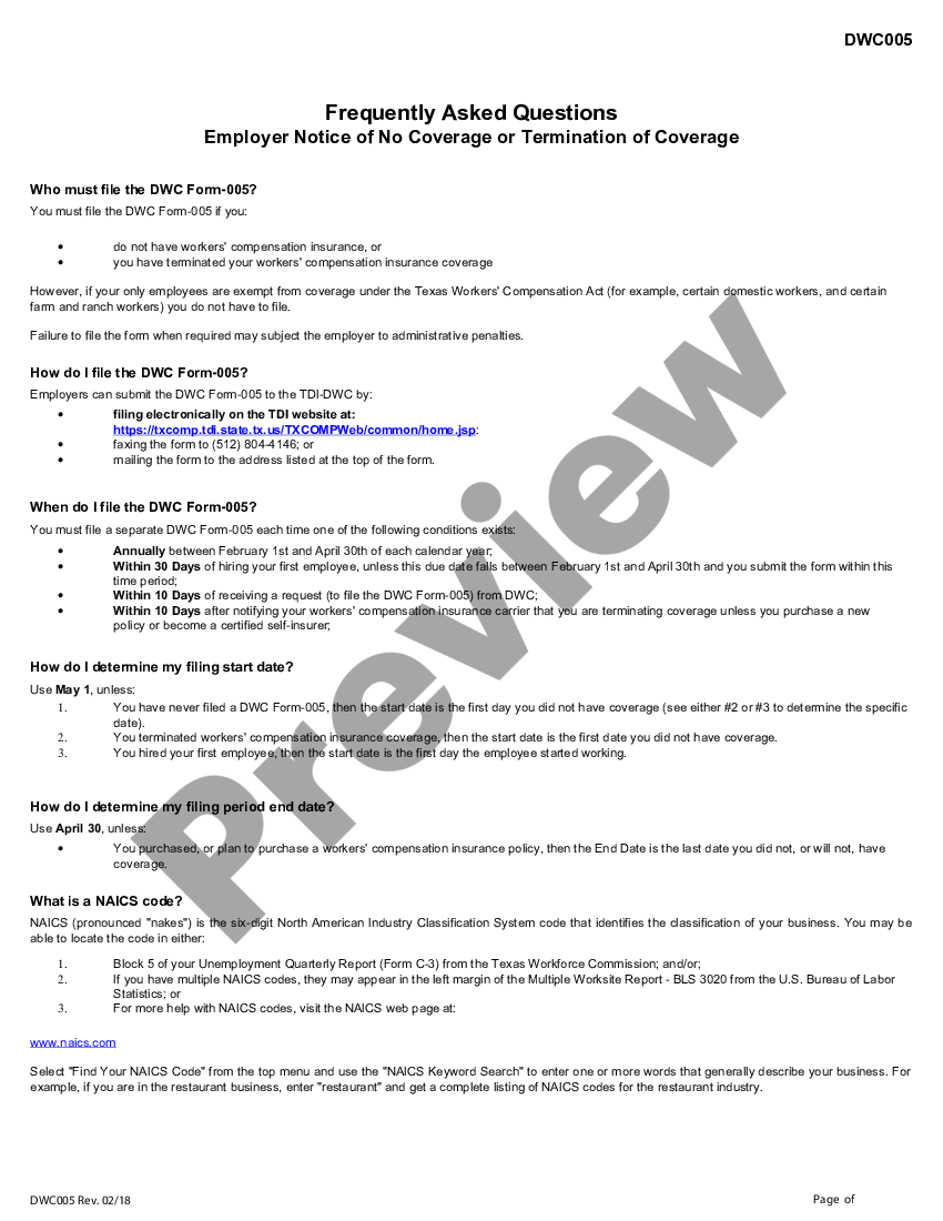 page 1 Employer Notice Of No Coverage for Workers' Compensation preview