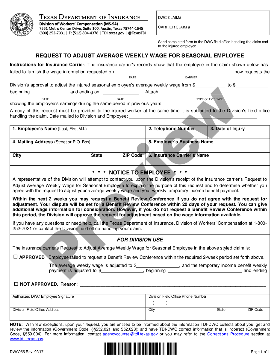 form Request To Adjust AWW Seasonal for Workers' Compensation preview