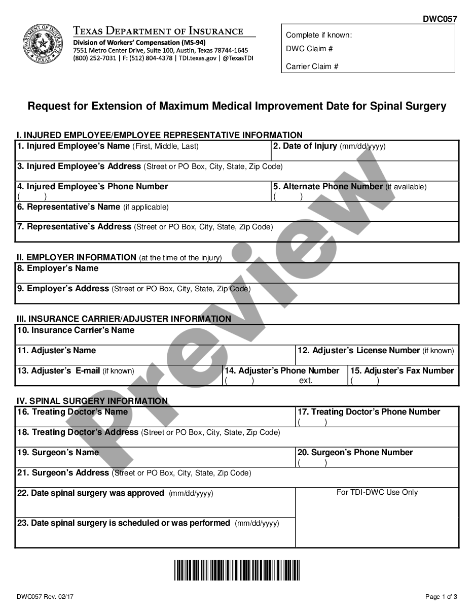 form Request For Extension Of MMI Spinal for Workers' Compensation preview