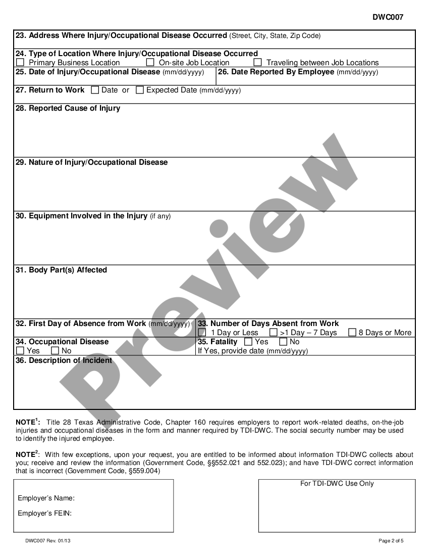 Grand Prairie Texas NonCovered Employer's Report Of Injury for Workers