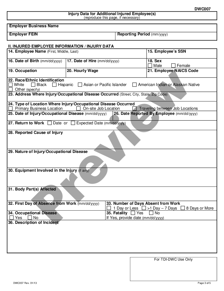 Plano Texas NonCovered Employer's Report Of Injury for Workers