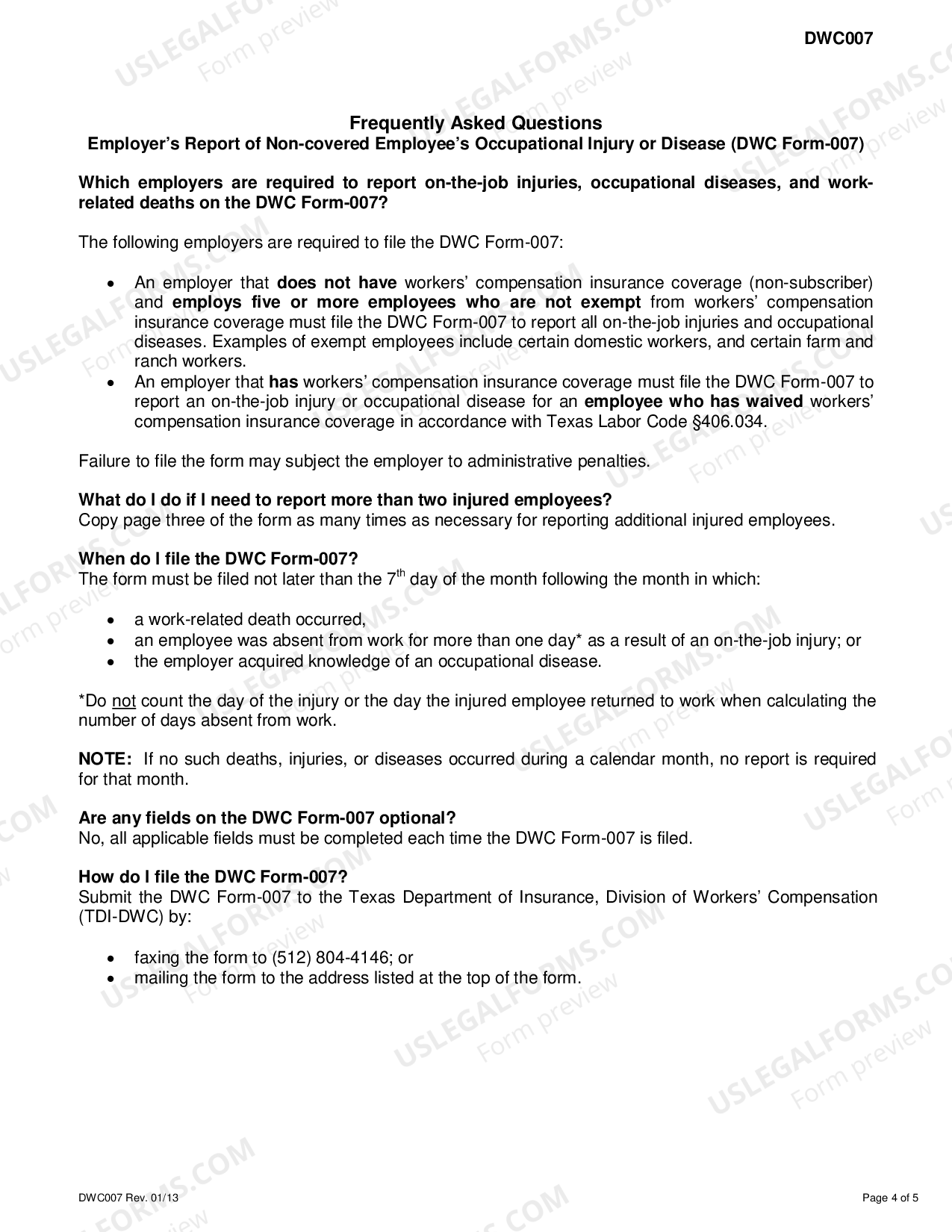 Texas NonCovered Employer's Report Of Injury for Workers' Compensation