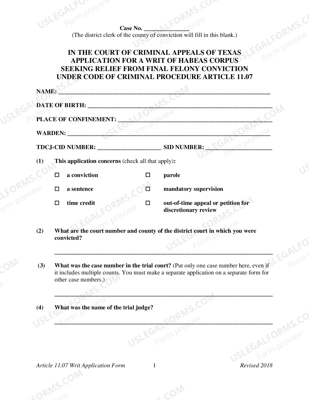 Preview Application for Writ of Habeas Corpus (Criminal)