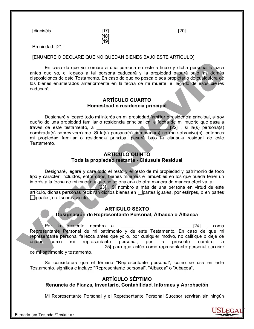 Preview Formulario de última voluntad y testamento legal para persona soltera sin hijos