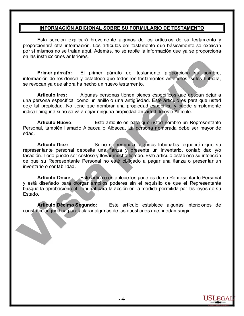 Preview Formulario Legal de Última Voluntad y Testamento para una Persona Soltera con Hijos Menores