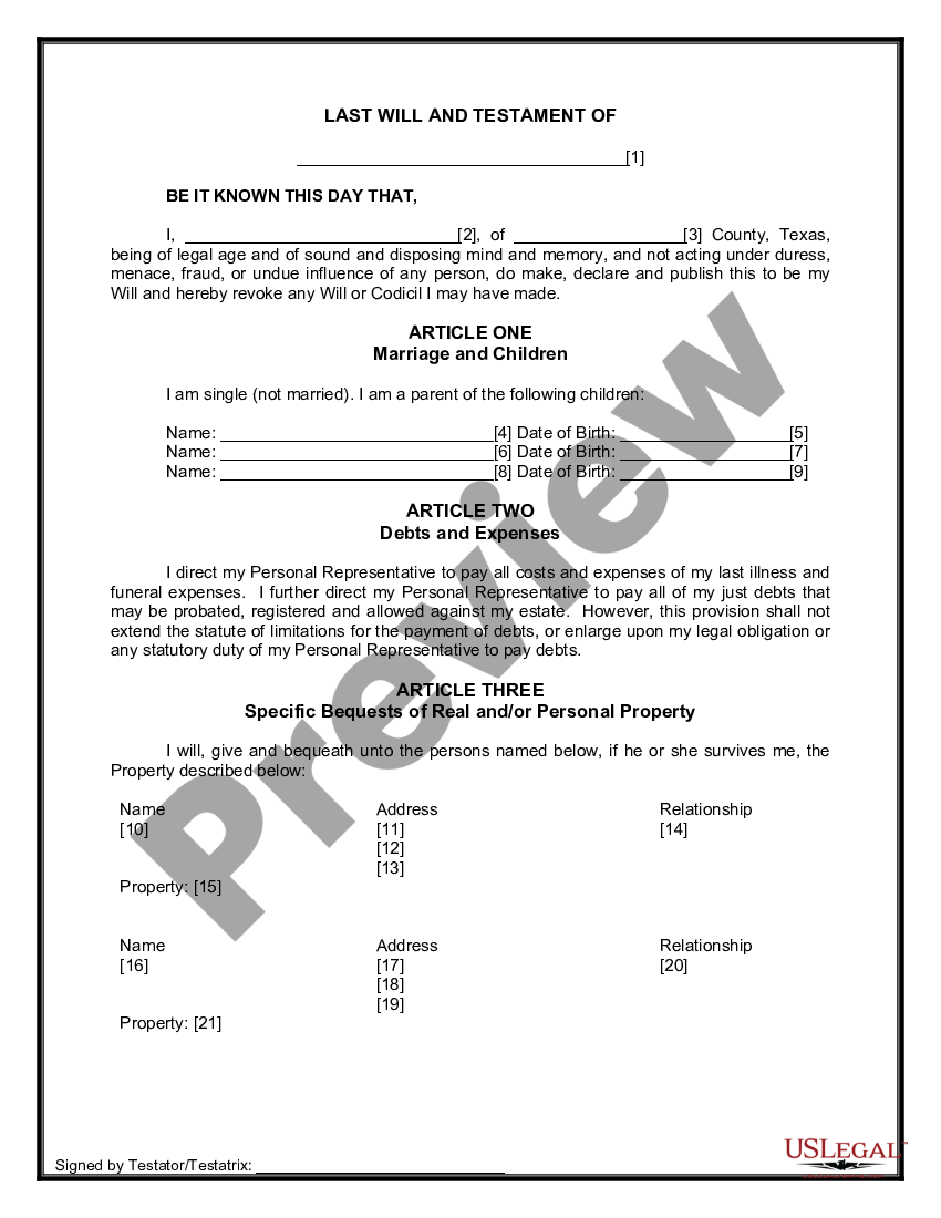 Texas Legal Last Will and Testament Form for a Single Person with Minor