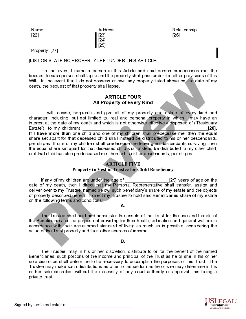 Preview Last Will and Testament for Single Person with Adult and Minor Children