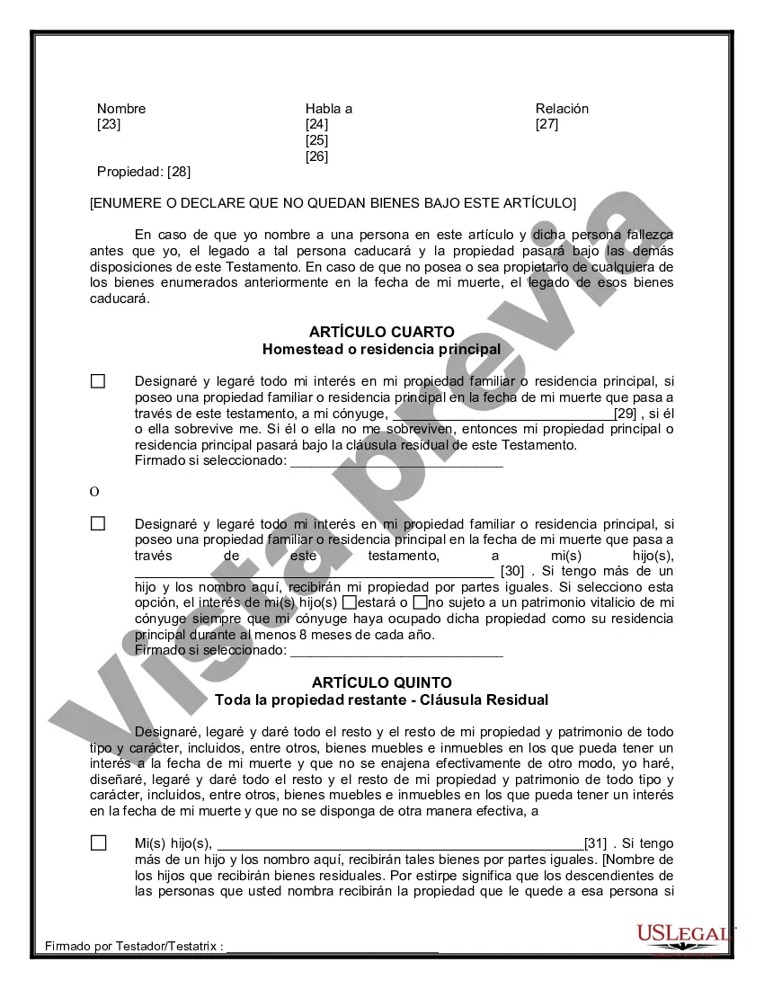 Preview Última voluntad y testamento legal para persona casada con hijos menores de edad de un matrimonio anterior
