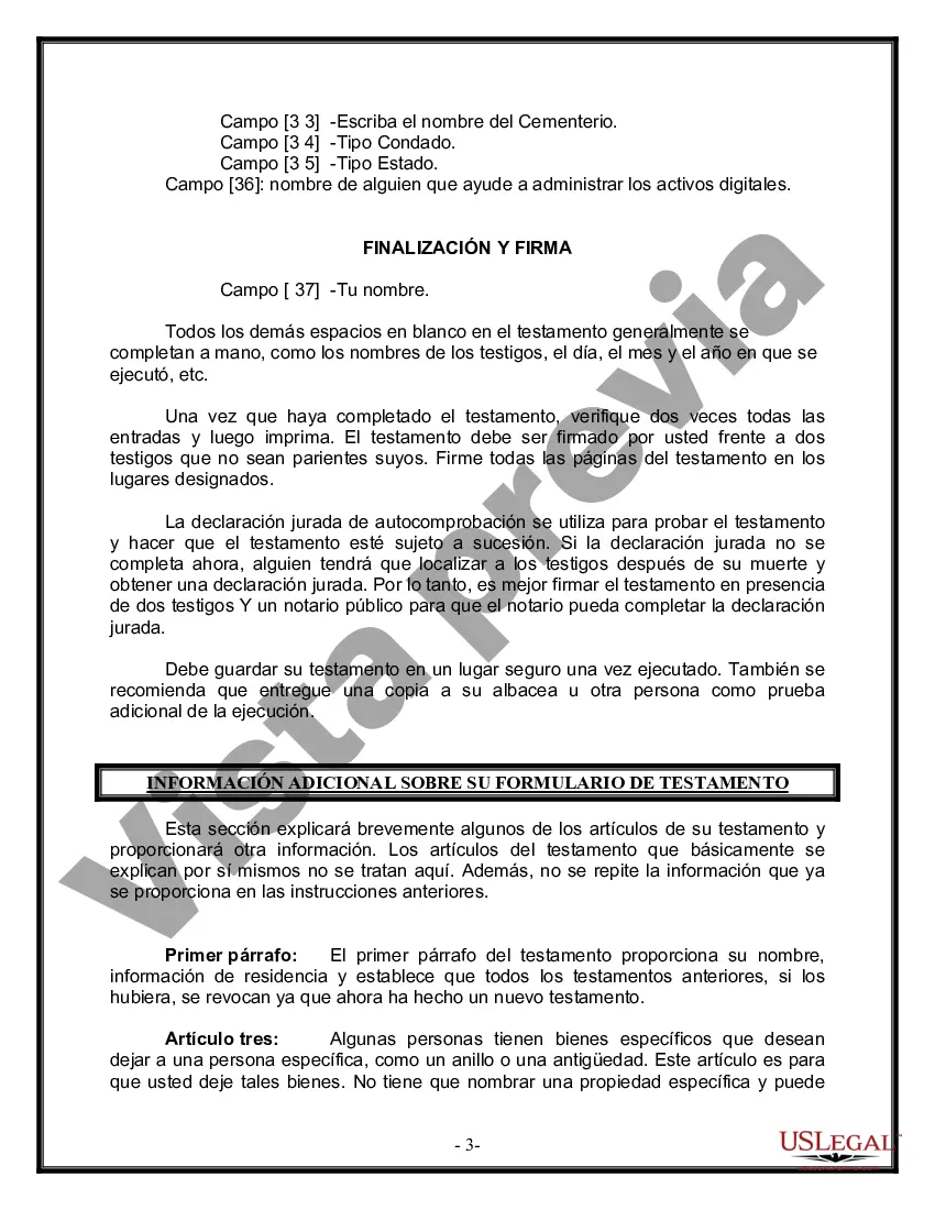 Preview Formulario de última voluntad y testamento legal para personas divorciadas que no se han vuelto a casar con hijos adultos