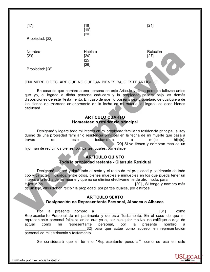 Preview Formulario de última voluntad y testamento legal para personas divorciadas que no se han vuelto a casar con hijos adultos