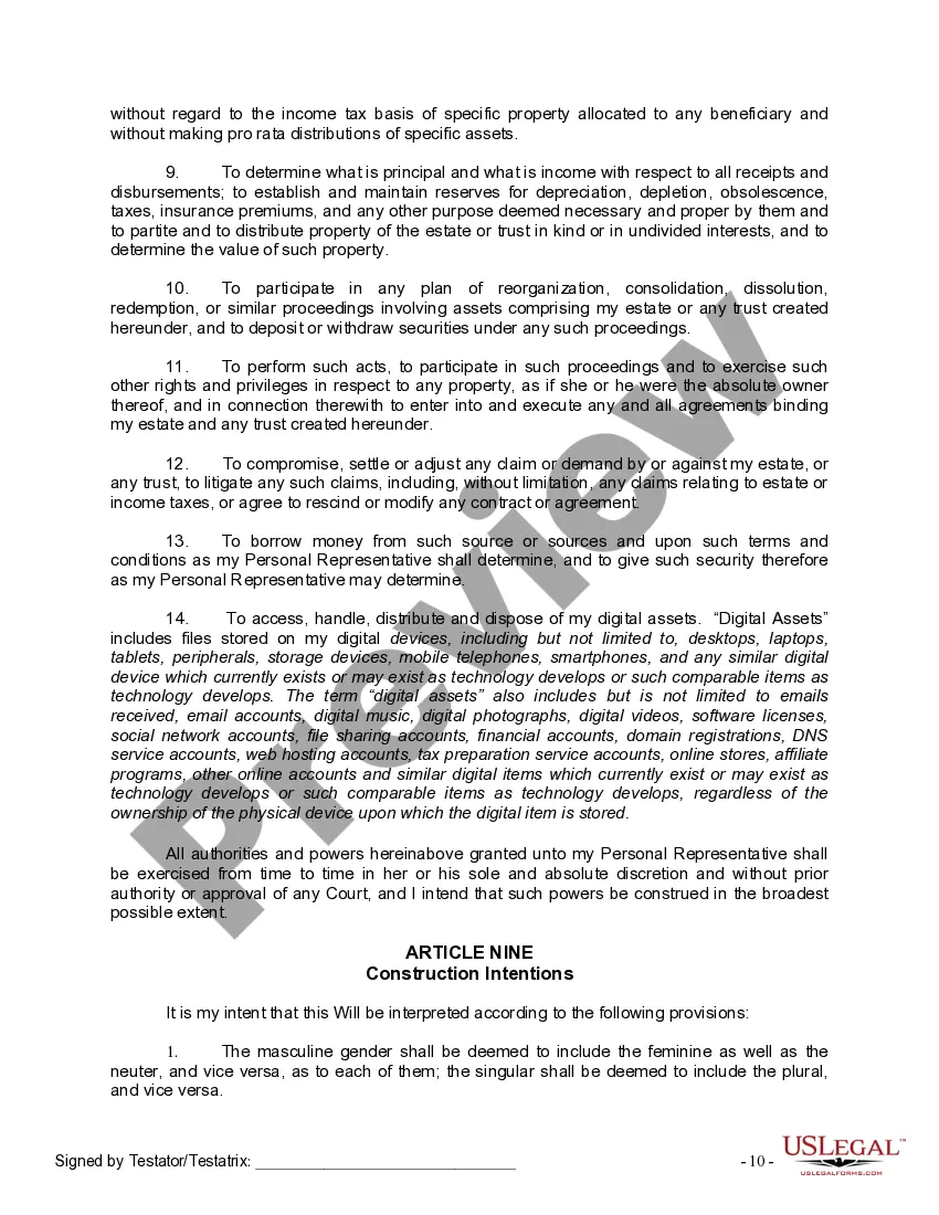 Preview Last Will and Testament for Divorced Person not Remarried with Adult Children